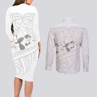 White Polynesia Couples Matching Long Sleeve Bodycon Dress and Long Sleeve Button Shirt Tribal Pattern Tropical Frangipani LT14 - Polynesian Pride
