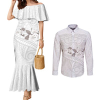 White Polynesia Couples Matching Mermaid Dress and Long Sleeve Button Shirt Tribal Pattern Tropical Frangipani LT14 White - Polynesian Pride