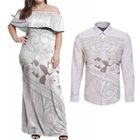 White Polynesia Couples Matching Off Shoulder Maxi Dress and Long Sleeve Button Shirt Tribal Pattern Tropical Frangipani LT14 White - Polynesian Pride