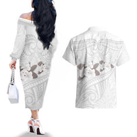 White Polynesia Couples Matching Off The Shoulder Long Sleeve Dress and Hawaiian Shirt Tribal Pattern Tropical Frangipani LT14 - Polynesian Pride