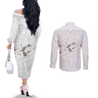 White Polynesia Couples Matching Off The Shoulder Long Sleeve Dress and Long Sleeve Button Shirt Tribal Pattern Tropical Frangipani LT14 - Polynesian Pride