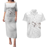 White Polynesia Couples Matching Puletasi and Hawaiian Shirt Tribal Pattern Tropical Frangipani LT14 White - Polynesian Pride