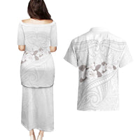White Polynesia Couples Matching Puletasi and Hawaiian Shirt Tribal Pattern Tropical Frangipani LT14 - Polynesian Pride