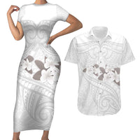 White Polynesia Couples Matching Short Sleeve Bodycon Dress and Hawaiian Shirt Tribal Pattern Tropical Frangipani LT14 White - Polynesian Pride
