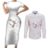 White Polynesia Couples Matching Short Sleeve Bodycon Dress and Long Sleeve Button Shirt Tribal Pattern Tropical Frangipani LT14 White - Polynesian Pride