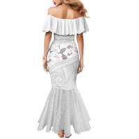 White Polynesia Family Matching Mermaid Dress and Hawaiian Shirt Tribal Pattern Tropical Frangipani