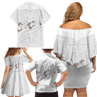 White Polynesia Family Matching Off Shoulder Short Dress and Hawaiian Shirt Tribal Pattern Tropical Frangipani LT14 - Polynesian Pride