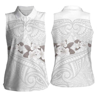 White Polynesia Women Sleeveless Polo Shirt Tribal Pattern Tropical Frangipani