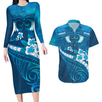 Blue Polynesia Couples Matching Long Sleeve Bodycon Dress and Hawaiian Shirt Tribal Pattern Tropical Frangipani LT14 Blue - Polynesian Pride