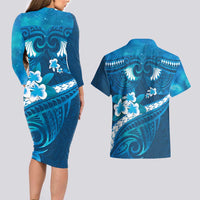 Blue Polynesia Couples Matching Long Sleeve Bodycon Dress and Hawaiian Shirt Tribal Pattern Tropical Frangipani LT14 - Polynesian Pride