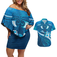 Blue Polynesia Couples Matching Off Shoulder Short Dress and Hawaiian Shirt Tribal Pattern Tropical Frangipani LT14 Blue - Polynesian Pride