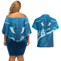 Blue Polynesia Couples Matching Off Shoulder Short Dress and Hawaiian Shirt Tribal Pattern Tropical Frangipani LT14 - Polynesian Pride