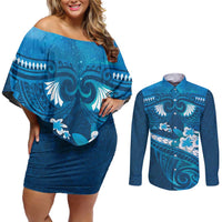 Blue Polynesia Couples Matching Off Shoulder Short Dress and Long Sleeve Button Shirt Tribal Pattern Tropical Frangipani LT14 Blue - Polynesian Pride