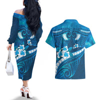 Blue Polynesia Couples Matching Off The Shoulder Long Sleeve Dress and Hawaiian Shirt Tribal Pattern Tropical Frangipani LT14 - Polynesian Pride