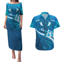 Blue Polynesia Couples Matching Puletasi and Hawaiian Shirt Tribal Pattern Tropical Frangipani LT14 Blue - Polynesian Pride