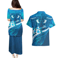 Blue Polynesia Couples Matching Puletasi and Hawaiian Shirt Tribal Pattern Tropical Frangipani LT14 - Polynesian Pride