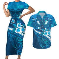 Blue Polynesia Couples Matching Short Sleeve Bodycon Dress and Hawaiian Shirt Tribal Pattern Tropical Frangipani LT14 Blue - Polynesian Pride