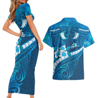 Blue Polynesia Couples Matching Short Sleeve Bodycon Dress and Hawaiian Shirt Tribal Pattern Tropical Frangipani LT14 - Polynesian Pride