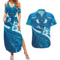 Blue Polynesia Couples Matching Summer Maxi Dress and Hawaiian Shirt Tribal Pattern Tropical Frangipani LT14 Blue - Polynesian Pride