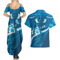 Blue Polynesia Couples Matching Summer Maxi Dress and Hawaiian Shirt Tribal Pattern Tropical Frangipani LT14 - Polynesian Pride