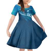 Blue Polynesia Family Matching Off Shoulder Maxi Dress and Hawaiian Shirt Tribal Pattern Tropical Frangipani LT14 Daughter's Dress Blue - Polynesian Pride