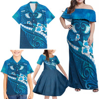 Blue Polynesia Family Matching Off Shoulder Maxi Dress and Hawaiian Shirt Tribal Pattern Tropical Frangipani LT14 - Polynesian Pride