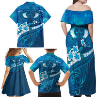 Blue Polynesia Family Matching Off Shoulder Maxi Dress and Hawaiian Shirt Tribal Pattern Tropical Frangipani LT14 - Polynesian Pride