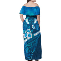 Blue Polynesia Family Matching Off Shoulder Maxi Dress and Hawaiian Shirt Tribal Pattern Tropical Frangipani LT14 - Polynesian Pride