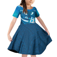 Blue Polynesia Family Matching Off Shoulder Short Dress and Hawaiian Shirt Tribal Pattern Tropical Frangipani LT14 Daughter's Dress Blue - Polynesian Pride