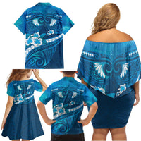 Blue Polynesia Family Matching Off Shoulder Short Dress and Hawaiian Shirt Tribal Pattern Tropical Frangipani LT14 - Polynesian Pride