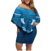 Blue Polynesia Family Matching Off Shoulder Short Dress and Hawaiian Shirt Tribal Pattern Tropical Frangipani LT14 Mom's Dress Blue - Polynesian Pride