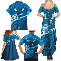 Blue Polynesia Family Matching Summer Maxi Dress and Hawaiian Shirt Tribal Pattern Tropical Frangipani LT14 - Polynesian Pride