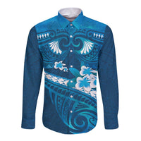 Blue Polynesia Long Sleeve Button Shirt Tribal Pattern Tropical Frangipani