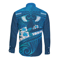 Blue Polynesia Long Sleeve Button Shirt Tribal Pattern Tropical Frangipani