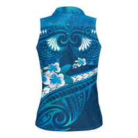 Blue Polynesia Women Sleeveless Polo Shirt Tribal Pattern Tropical Frangipani