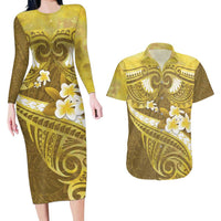 Gold Polynesia Couples Matching Long Sleeve Bodycon Dress and Hawaiian Shirt Tribal Pattern Tropical Frangipani LT14 Gold - Polynesian Pride