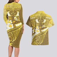 Gold Polynesia Couples Matching Long Sleeve Bodycon Dress and Hawaiian Shirt Tribal Pattern Tropical Frangipani LT14 - Polynesian Pride