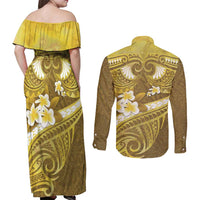 Gold Polynesia Couples Matching Off Shoulder Maxi Dress and Long Sleeve Button Shirt Tribal Pattern Tropical Frangipani LT14 - Polynesian Pride