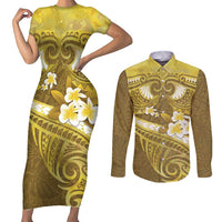 Gold Polynesia Couples Matching Short Sleeve Bodycon Dress and Long Sleeve Button Shirt Tribal Pattern Tropical Frangipani LT14 Gold - Polynesian Pride
