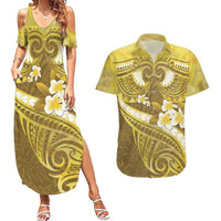 Gold Polynesia Couples Matching Summer Maxi Dress and Hawaiian Shirt Tribal Pattern Tropical Frangipani LT14 Gold - Polynesian Pride