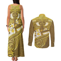 Gold Polynesia Couples Matching Tank Maxi Dress and Long Sleeve Button Shirt Tribal Pattern Tropical Frangipani LT14 - Polynesian Pride