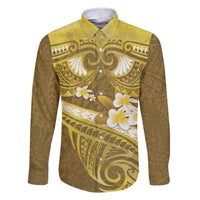 Gold Polynesia Family Matching Off Shoulder Short Dress and Hawaiian Shirt Tribal Pattern Tropical Frangipani LT14 Dad's Shirt - Long Sleeve Gold - Polynesian Pride