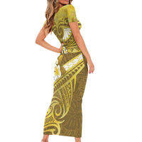 Gold Polynesia Short Sleeve Bodycon Dress Tribal Pattern Tropical Frangipani
