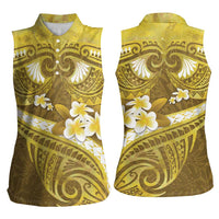 Gold Polynesia Women Sleeveless Polo Shirt Tribal Pattern Tropical Frangipani