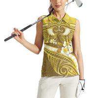 Gold Polynesia Women Sleeveless Polo Shirt Tribal Pattern Tropical Frangipani
