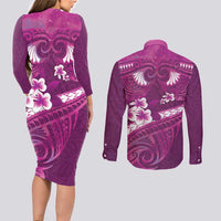 Pink Polynesia Couples Matching Long Sleeve Bodycon Dress and Long Sleeve Button Shirt Tribal Pattern Tropical Frangipani LT14 - Polynesian Pride