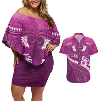 Pink Polynesia Couples Matching Off Shoulder Short Dress and Hawaiian Shirt Tribal Pattern Tropical Frangipani LT14 Pink - Polynesian Pride