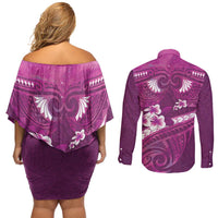 Pink Polynesia Couples Matching Off Shoulder Short Dress and Long Sleeve Button Shirt Tribal Pattern Tropical Frangipani LT14 - Polynesian Pride
