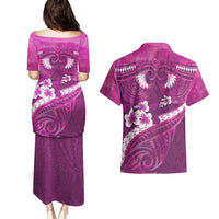 Pink Polynesia Couples Matching Puletasi and Hawaiian Shirt Tribal Pattern Tropical Frangipani LT14 - Polynesian Pride