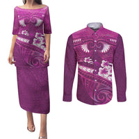 Pink Polynesia Couples Matching Puletasi and Long Sleeve Button Shirt Tribal Pattern Tropical Frangipani LT14 Pink - Polynesian Pride